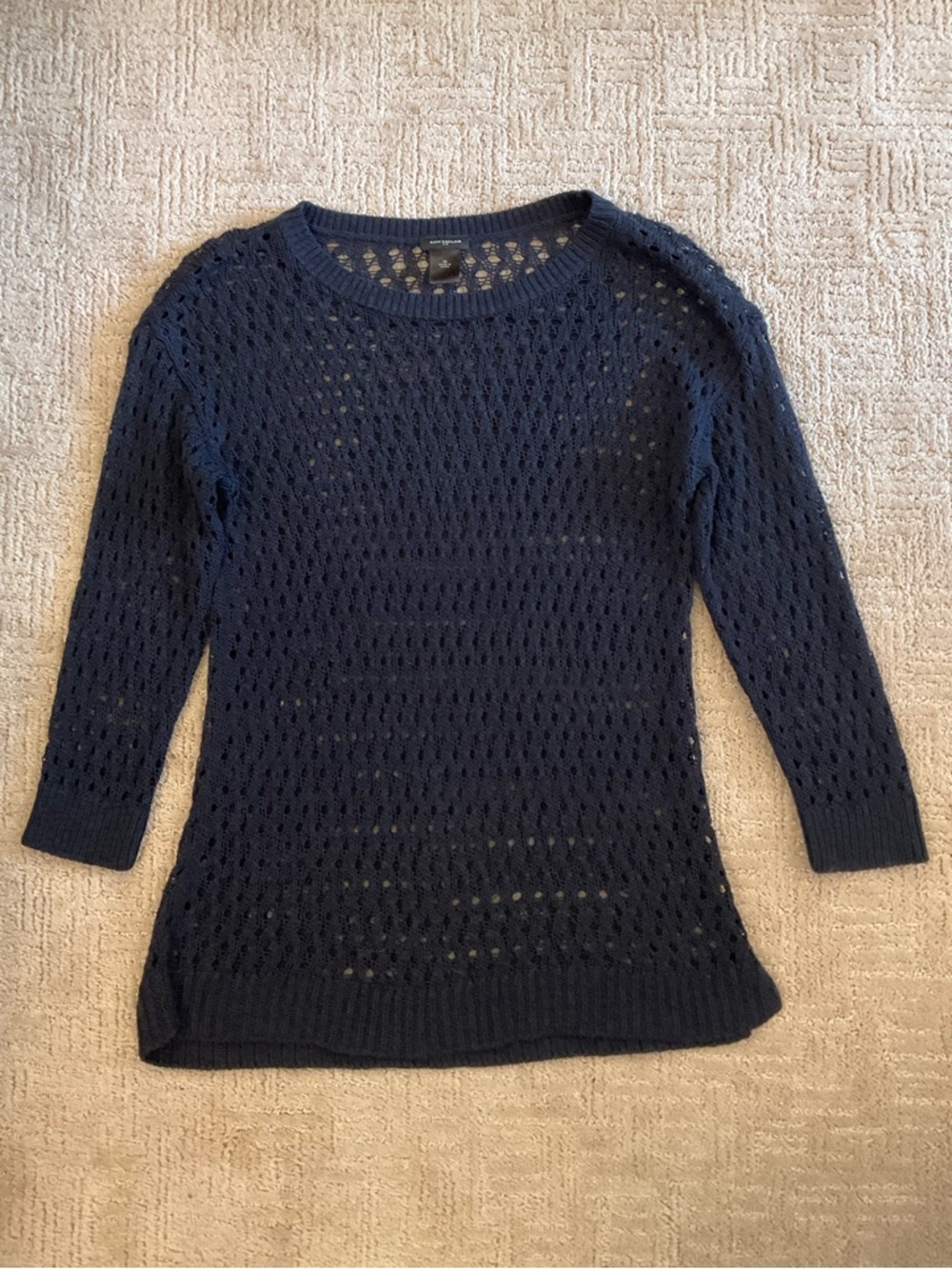 🌸🌼 Ann Taylor Black Crochet Knit Sweater 3/4 Sleeve Lightweight S/M Minimalist